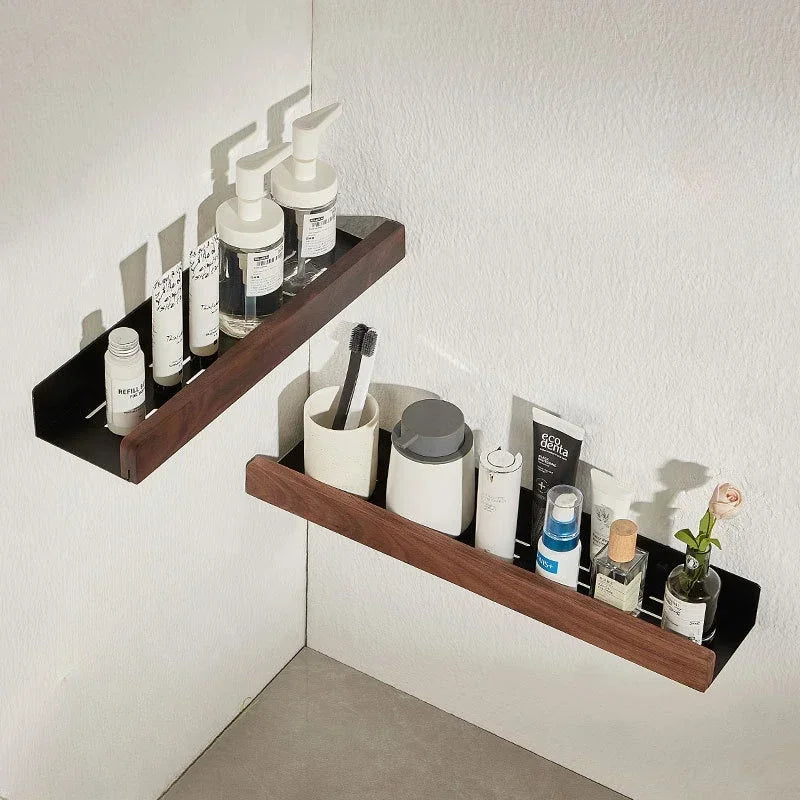 Solid Wood and Aluminium Punch-Free Bathroom Shelf