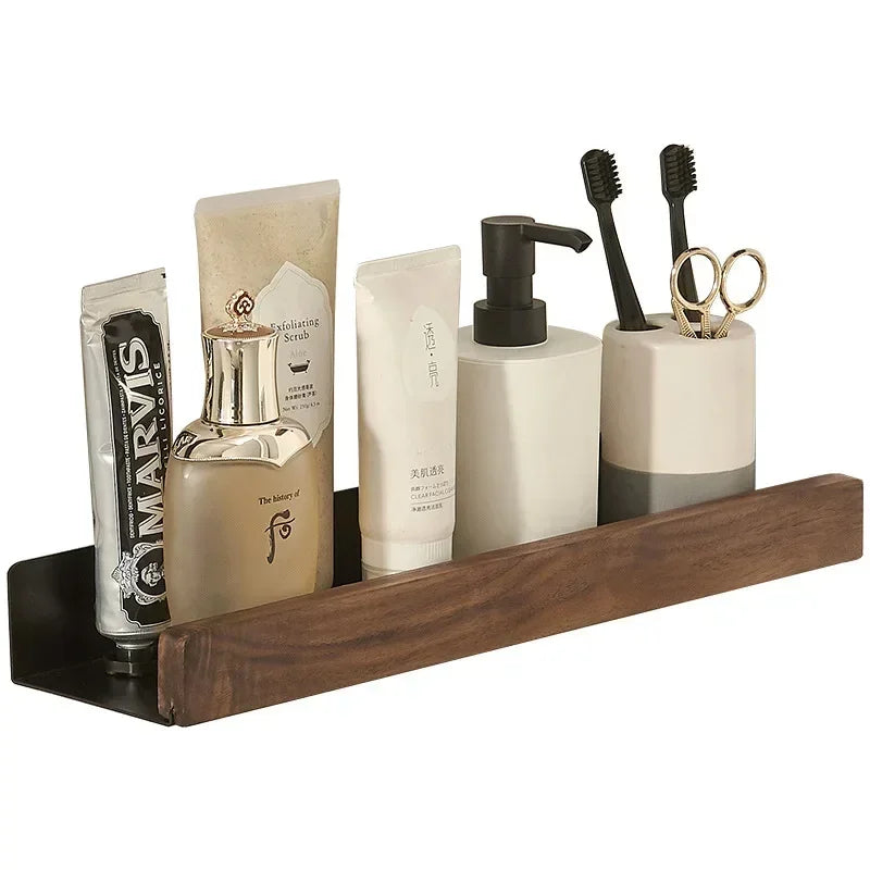 Solid Wood and Aluminium Punch-Free Bathroom Shelf