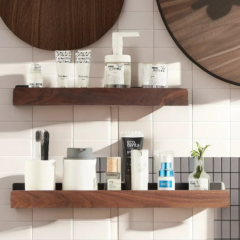 Solid Wood and Aluminium Punch-Free Bathroom Shelf